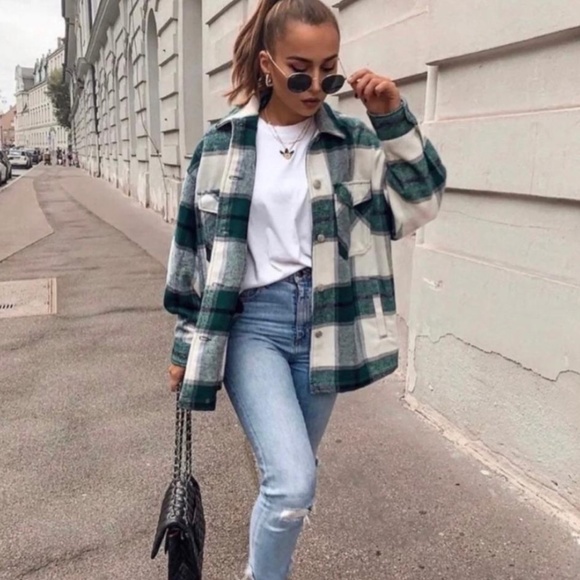 Green Wool Blend Waffle Knit Overshirt Shacket Coat - Picture 4 of 11